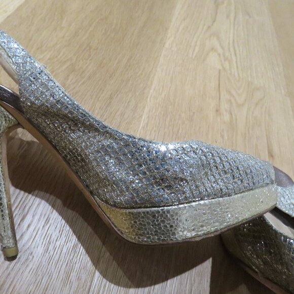 JIMMY CHOO Nova Slingback Sparkle Glitter Platform Peep Toe Heels Cocktail US 6 - Picture 12 of 14